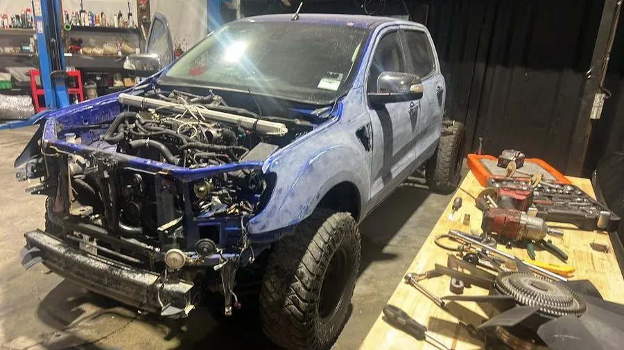 Ford Ranger in the Te Kamo workshop mid engine-out rebuild